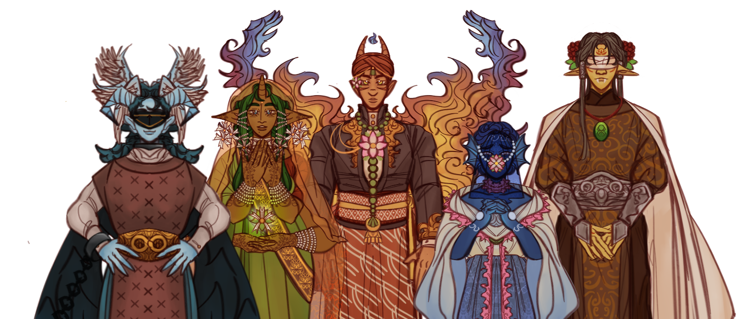 A group of gods and goddesses. From left to right: a man with blue skin, two ram-like horns, and four wings on his head; a woman with brown skin, pointed ears, and a straight horn on her forehead; a man with orange skin and curved two horns on his forehead; a woman with dark blue skin and webbed ears; and a man with olive skin and pointed ears.
