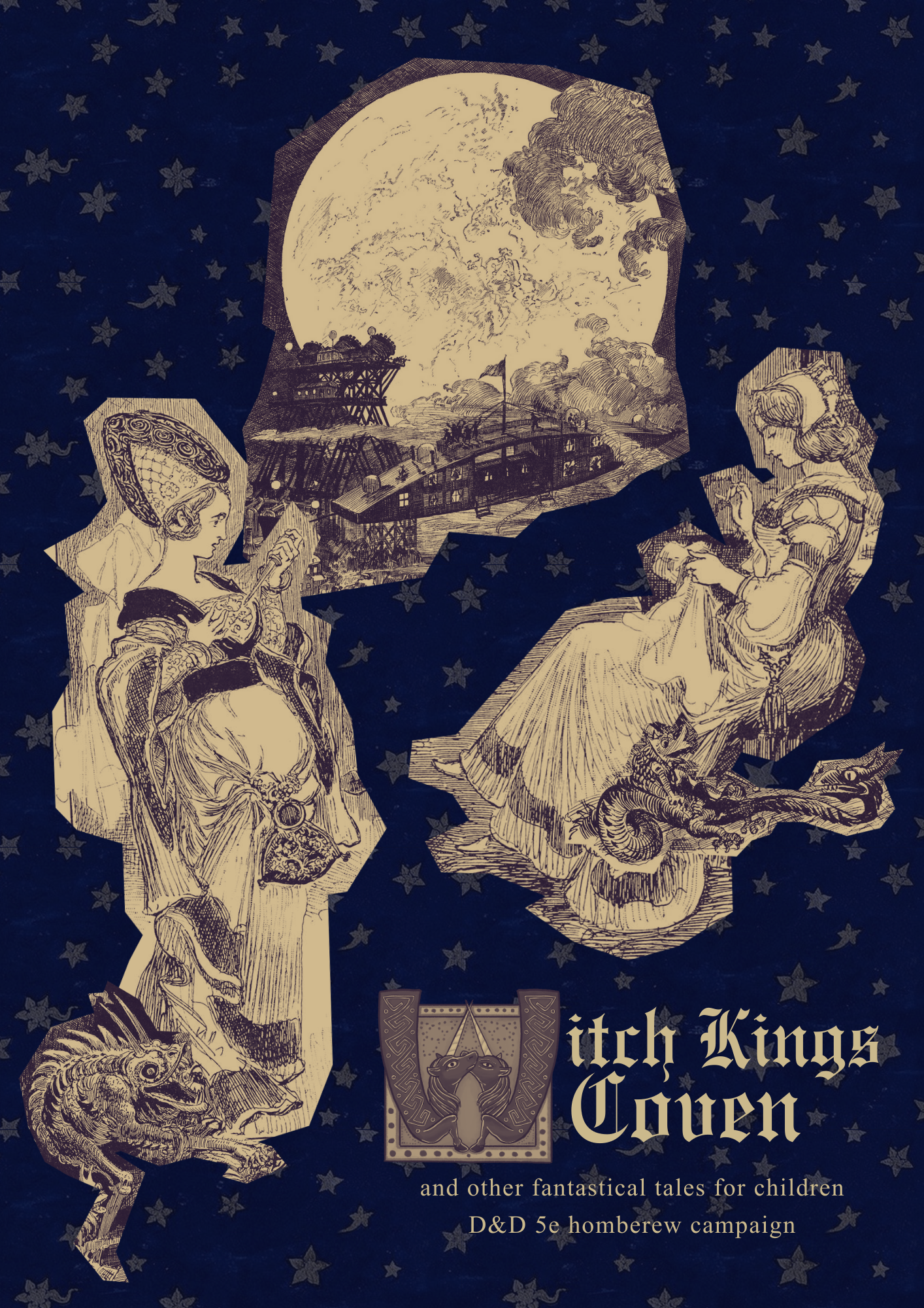 Cut outs of women drawn in anachronistic medieval fashions and demons are scattered across a dark blue background with a moon and stars.